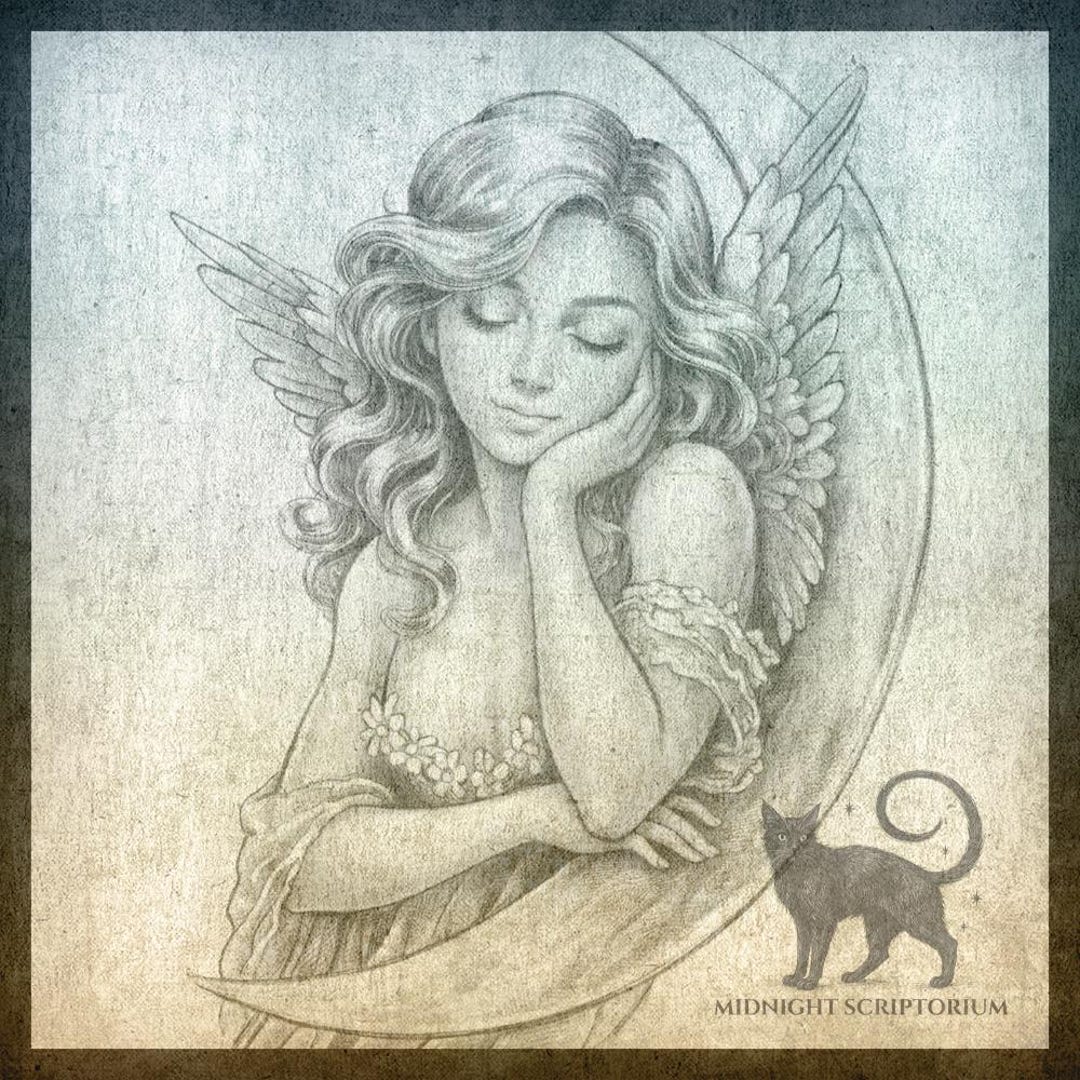 Moon Angel Coloring Page, Fantasy Celestial Grayscale & Line Art ...