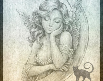 Moon Angel Coloring Page, Fantasy Celestial Grayscale & Line Art Digital Stamp (PDF Download)