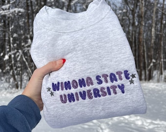 College sweatshirt and university bubble letter name, cute trendy, adorable,  school, college, tailgate, sporting event, embroidery, saying