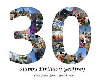 May include: A colourful photo collage of the number 30, made up of images of Disney characters and attractions. The text "Happy Birthday Geoffrey" and "Love from Emma and James" is below the number.