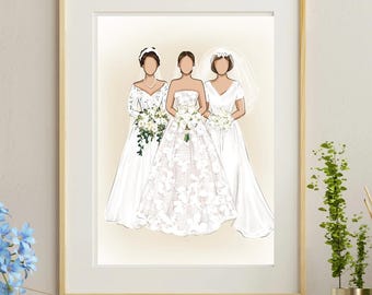 Op de afbeelding: Een ingelijste prent met een illustratie van drie bruiden in witte trouwjurken, elk met een boeket. De jurken variëren in stijl, met een strapless, een met mouwen en een met een V-hals. Het kunstwerk staat tegen een neutrale achtergrond.