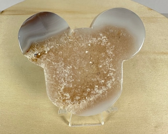 S269 Micky Head Natural Druzy Agate Clear Crystal Quartz Hand Polished Micky-Shaped On Stand Specimens Minerals Energy Healing Stone