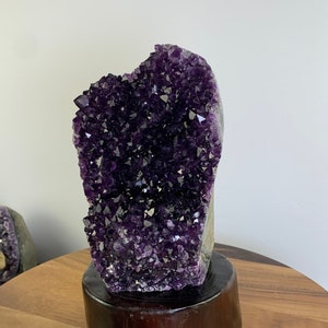 Raw Amethyst Cluster: Rosette Stalactite Formation with Wood Stand