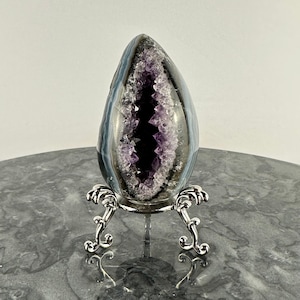 S1161 Amazing Natural Druzy Agate Sphere | Amethyst Egg Cave | Sphere Quartz Ball Deep Purple Crystal Quartz Specimens W/Stand Healing
