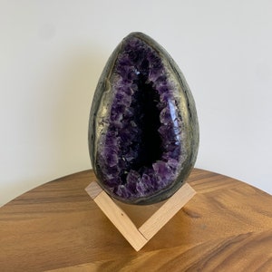 S1248 Collectible “Dragon Egg” Natural Specimen Egg-Shaped Amethyst Cave Super Dark Purple Crystal Quartz Geode Stone OnStand Mineral Energy