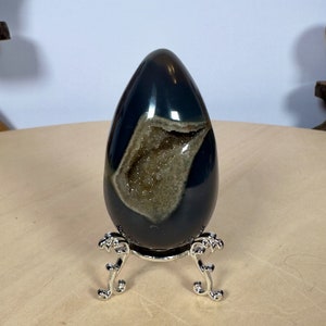 S991 Natural Brown Druzy Agate Egg | Mini Cute Sphere Crystal Ball | Egg-Shaped Crystal Quartz Specimens on Stand Energy Healing Stone