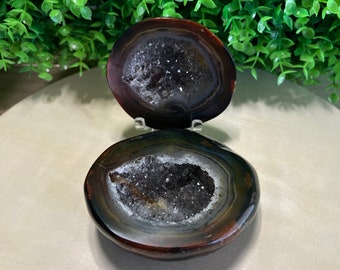 A92 natuurlijke heldere agaatdoos/bruine sieradendoos/chalcedoon geode druzy heldere kwarts mineralen edelsteen met standaard energetische helende steen