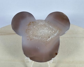 S267 Micky Head Natural Druzy Agate Clear Crystal Quartz Hand Polished Micky-Shaped On Stand Specimens Minerals Energy Healing Stone