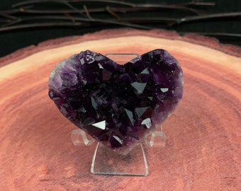 A637 Natural Amethyst Heart Sparkly Druzy Deep Purple Crystal Quartz W/Stand AAA Grade Amethyst Cluster Geode Stone Energy Healing Stone