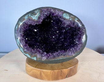 Collection!Excellent Natural Amethyst Cave/Treasury Bag Green&Blue Agate Druzy Purple Crystal Quartz Polished Edge On Stand Energy #S972