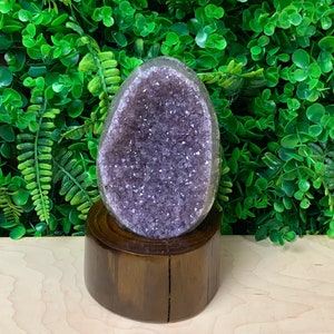 Natural Big Egg-Shaped Amethyst Cluster 8.25” Tall Purple Crystal Quartz On Wood Stand Polished Edges Raw Amethyst Geode Stone #K1143