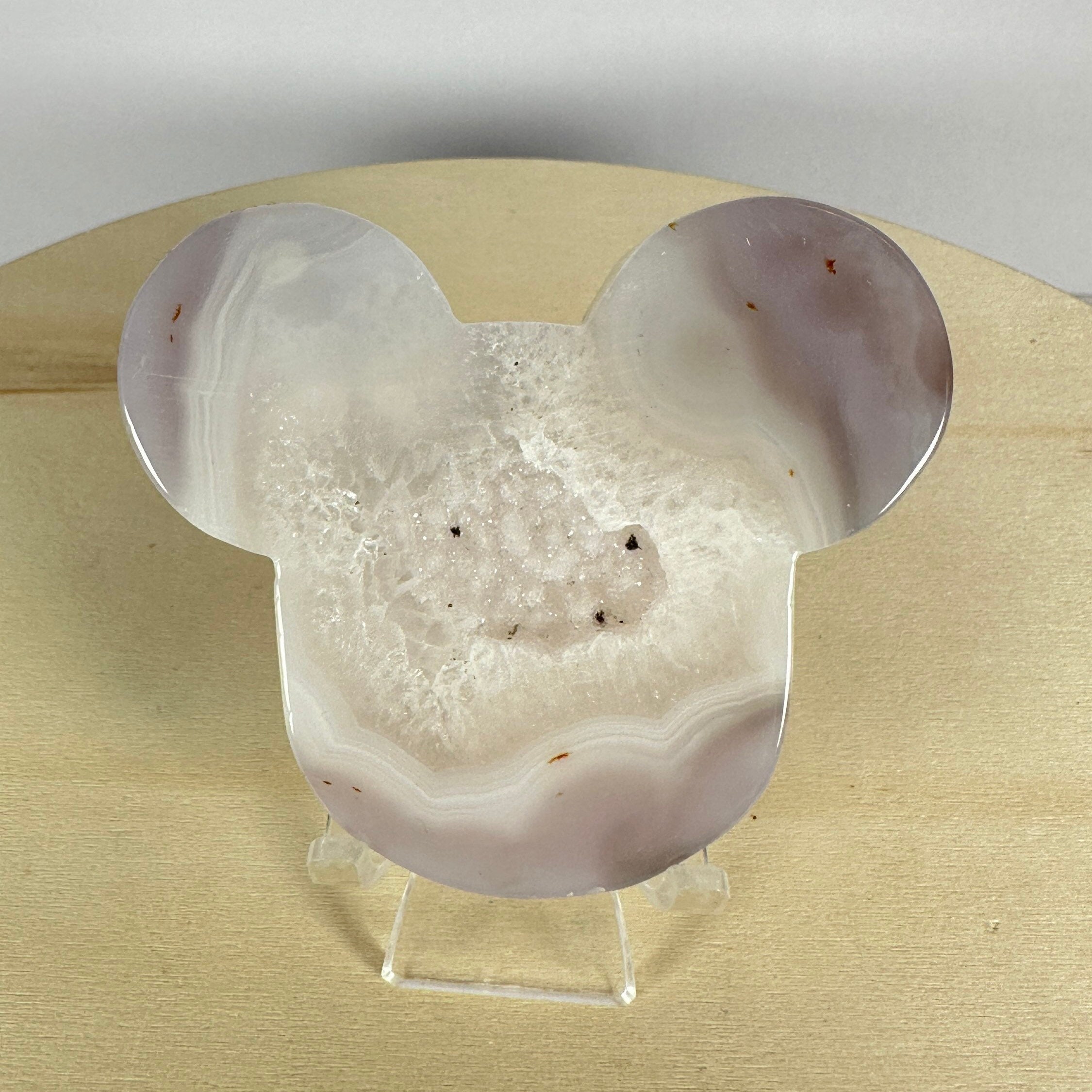 S268 Micky Head Natural Druzy Agate Clear Crystal Quartz Hand Polished Micky-Shaped On Stand Specimens Minerals Energy Healing Stone