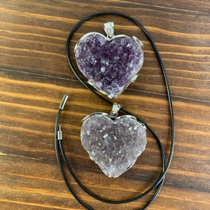 Amethyst Pendant Heart Shaped Purple Crystal Quartz 925 Sterling Silver Black Necklace Energy Healing A961