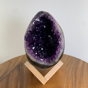 S1250 Collectible “Dragon Egg” Natural Specimen Egg-Shaped Amethyst Cave Super Dark Purple Crystal Quartz Geode Stone OnStand Mineral Energy