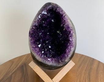 S1250 Collectible “Dragon Egg” Natural Specimen Egg-Shaped Amethyst Cave Super Dark Purple Crystal Quartz Geode Stone OnStand Mineral Energy