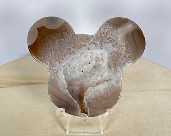 S266 Micky Head Natural Galaxy Druzy Agate Crystal Quartz Hand Polished Micky-Shaped On Stand Specimens Minerals Energy Healing Stone