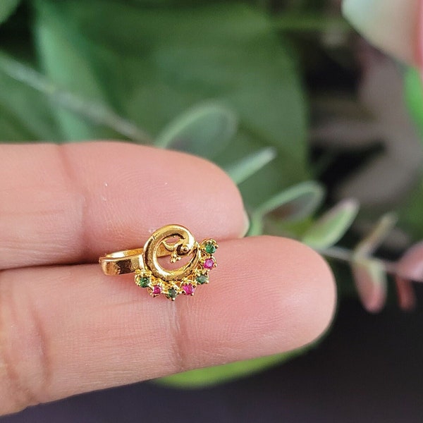 Gold CZ Peacock Nose Ring/ Nath/ Indian Nose Ring/ Diamond Nose Ring/ Statement Jewelry/ No pierce Needed Jewelry/ Indian Jewelry/ Bollywood