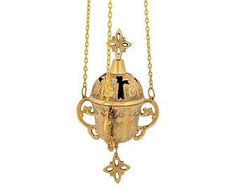 Christian Brass Hanging Oil Vigil Lamp with Cross, Prayer Hanging Oil Lamp, Orthodox Oil Candle with glass cup, religious decor gift idea