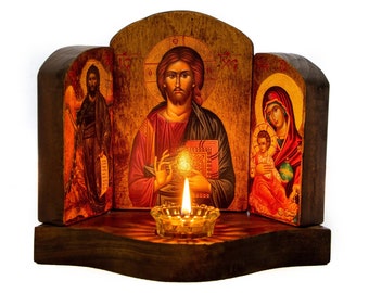 Christian Iconostasis with Jesus Christ St John Forerunner Virgin Mary Handmade Mount Athos wooden Altar Orthodox Icon religious plaque gift