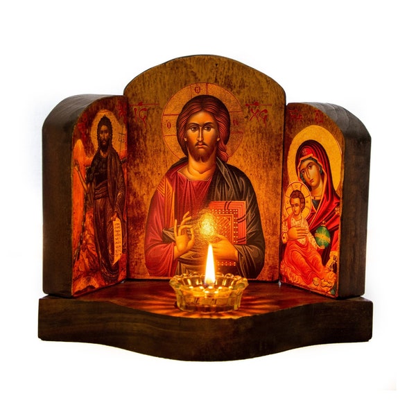 Christian Iconostasis with Jesus Christ St John Forerunner Virgin Mary Handmade Mount Athos wooden Altar Orthodox Icon religious plaque gift