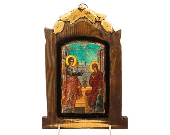 The Annunciation Virgin Mary icon, Handmade Greek Orthodox icon of Theotokos, Mother of God Byzantine art wall hanging canvas wood icon