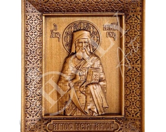 Ícono de San Nectario, icono ortodoxo griego de madera tallado a mano de San Nectario, arte bizantino para colgar en la pared en una placa de madera