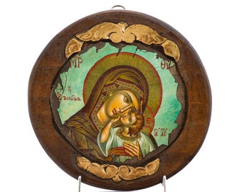 Virgin Mary icon Panagia, Greek Christian Orthodox icon Theotokos, Mother of God Byzantine art wall hanging wood plaque, gift idea 21x21cm