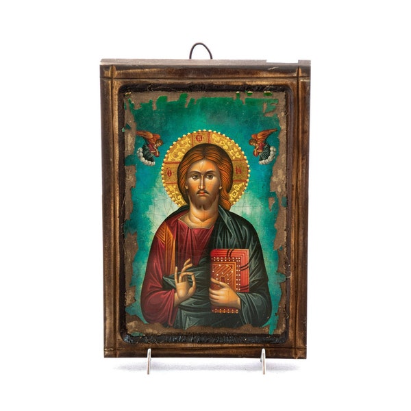 Jesus Christ icon Pantocrator, Handmade Greek Orthodox icon of our Lord, Byzantine art wall hanging canvas wood plaque 29x20cm, wedding gift