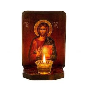 Christian Iconostasis with Jesus Christ, Handmade Mount Athos Orthodox shrine with Our Lord,Byzantine altar wall hanging wood plaque