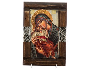 Virgin Mary icon Panagia, Handmade Greek Orthodox icon Theotokos, Mother of God Byzantine art wall hanging wood plaque, wedding gift 30x20cm