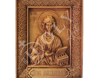 Saint Panteleimon Orthodox Icon, Handmade Christian Wall Art on Carved Wood, Byzantine Religious Gift, Home Decor