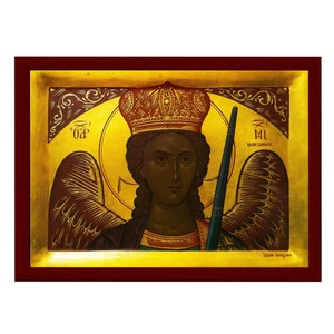 Archangel Michael icon, Handmade Greek Orthodox icon of St Michael, Byzantine art wall hanging on wood plaque religious icon, religious gift