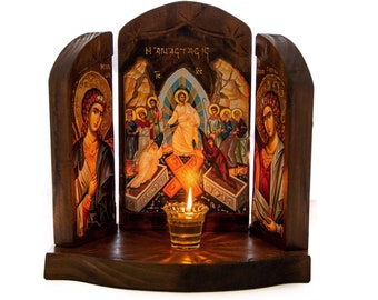 Christian Iconostasis with Resurrection of Jesus Christ Archangel Michael Archangel Gabriel, Handmade Mount Athos wooden Altar Orthodox Icon