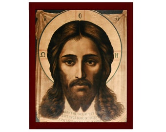Jesus Christ icon Mandylion, Handmade Greek Orthodox icon Visage of our Lord, Byzantine art wall hanging on wood plaque religious icon decor