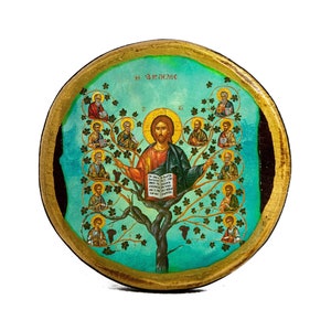 Jesus Christ icon with Apostles, Ampelos True Vine handmade Greek Orthodox icon, Byzantine art wall hanging on wood plaque, religious decor