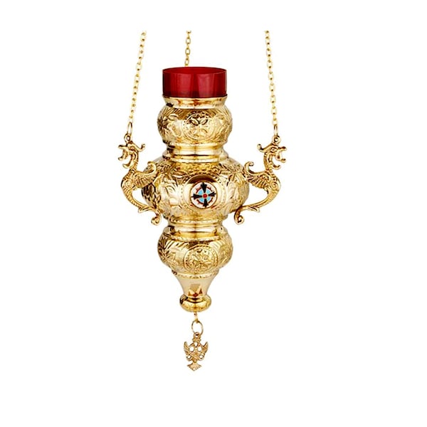 Christliche Messing-Hänge-Öl-Vigil-Lampe mit Kreuz, Gebets-Hänge-Öl-Lampe, orthodoxe Öl-Kerze mit Glastasse, religiöses Dekor