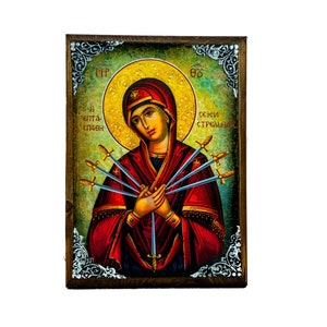 Our Lady of Sorrows icon, Virgin Mary icon Seven 7 swords, Handmade Greek Orthodox Icon, Mother of God Byzantine art wall hanging plaque