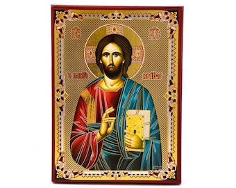 Jesus Christ icon, Byzantine art wall hanging, Religious home decor Handmade Greek Orthodox icon on wood plaque, wedding gift ideas 27x21cm