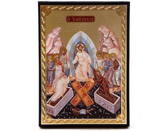Resurrection Jesus Christ icon, Greek Orthodox Icon, Byzantine art wall hanging of our Lord rising from the dead, religious decor 22x16cm
