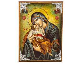 Virgin Mary Glykophilousa Orthodox Icon, Handmade Christian Wall Art on Wood, Byzantine Religious Gift, Home Decor
