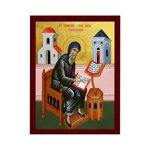 Saint Symeon The Theologian icon, Handmade Greek Orthodox icon St Simeon, Byzantine art wall hanging on wood plaque icon, religious decor