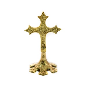 Standing Table Altar Crucifix, Jesus Christ Brass Blessing Cross, Handmade Greek Orthodox Byzantine Gold plated Holy Cross, religious decor