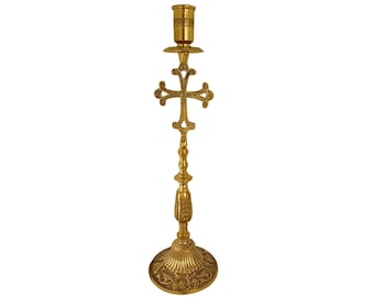 Large Christian Holy Altar Brass Handmade Candlestick Holder with Cross or Byzantine Eagle Prayer Standing Religious Orthodox Candle Holder