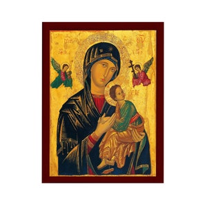 Our Lady of Perpetual Help icon, Handmade Greek Orthodox Icon of Virgin Mary, Mother of God Byzantine art wall hanging plaque