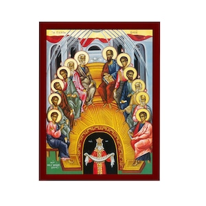 The Pentecost icon, Handmade Greek Orthodox icon of Holy Spirit descending to the Apostles Byzantine art wall hanging religious gift