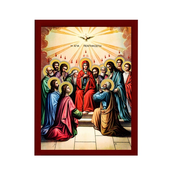 The Pentecost icon, Handmade Greek Orthodox icon of Holy Spirit descending to the Apostles Byzantine art wall hanging religious gift