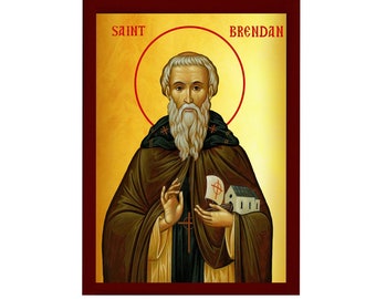 Icono de San Brendan, Icono ortodoxo greco-católico hecho a mano de San Brendan El Navegante, arte bizantino pared colgante placa de madera regalo religioso