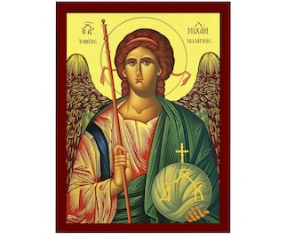Archangel Michael icon, Handmade Greek Orthodox icon of St Michael, Byzantine art wall hanging on wood plaque religious icon, religious gift
