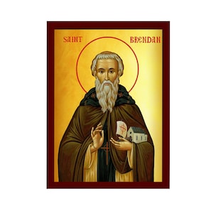 Saint Brendan icon, Handmade Greek Catholic Orthodox icon of St Brendan The Navigator, Byzantine art wall hanging wood plaque religious gift