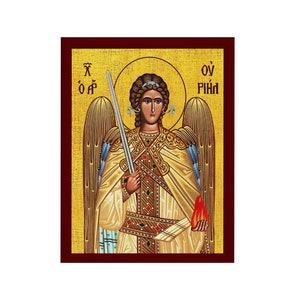 Archangel Uriel icon, Handmade Greek Orthodox icon of St Uriel, Byzantine art wall hanging on wood plaque religious icon, religious gift